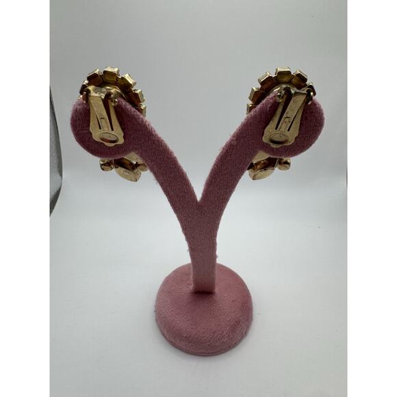 Vintage Milk Glass & Aurora Borealis Rhinestone Clip-On Earrings - Picture 2 of 2